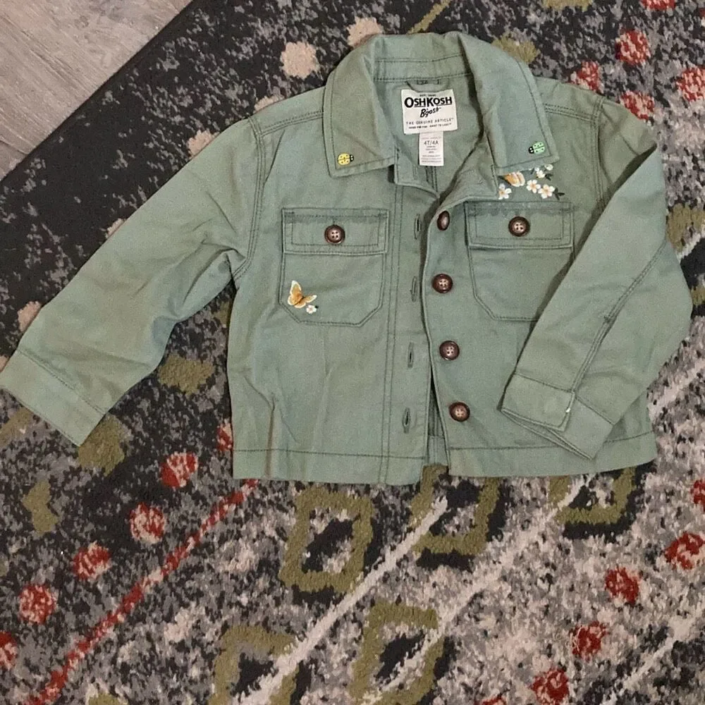 OshKosh B'gosh 4T Sage Embroidered Butterfly Canvas Jacket Girls